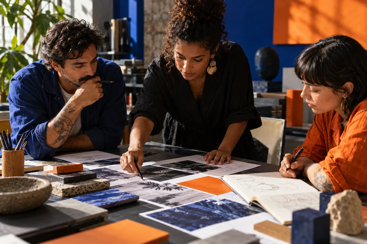 Equipe reunida analisando materiais sobre a mesa