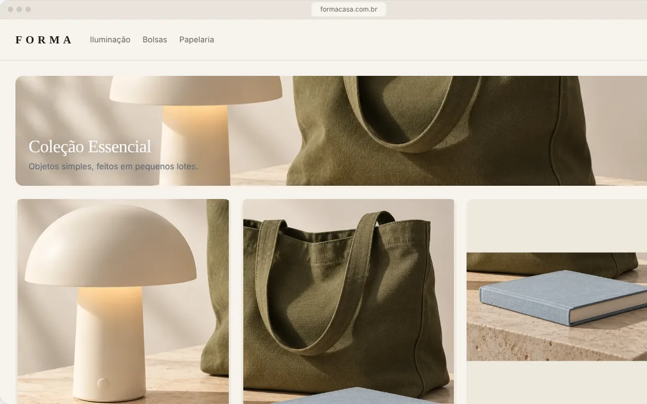 Loja FORMA com coleção de luminária, bolsa e caderno.
